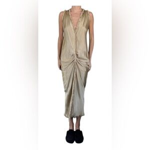 Jaga Satin Bias Cut Dress Gold Ruched Midi Sleeveless Frayed Trim Size 1 (US 6)